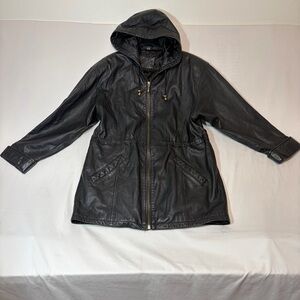 Black Hooded Women's Medium Jacket Leather Jacket Trench Synch Waist 90s Y2K